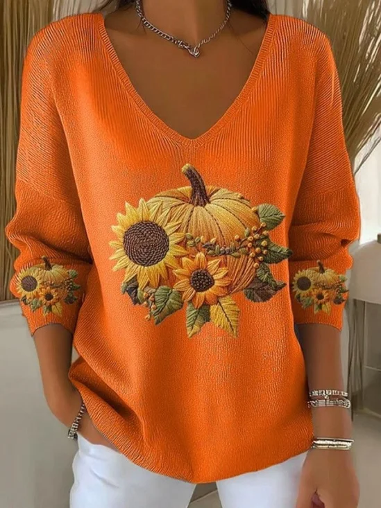 Damen Baumwolle Sonnenblume Langarm Bequem Lässig Pullover