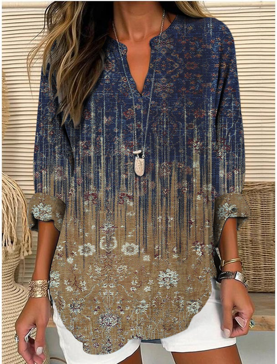 Schalkragen Halbarm Gestreift Regelmäßig Weit Bluse für Damen