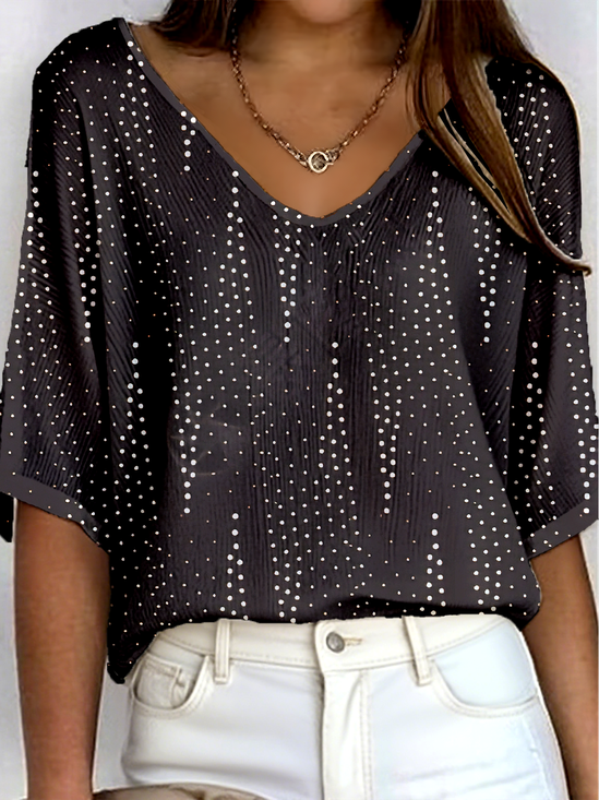 Retro Polka Dots V-Ausschnitt Dreiviertelärmel T-Shirt