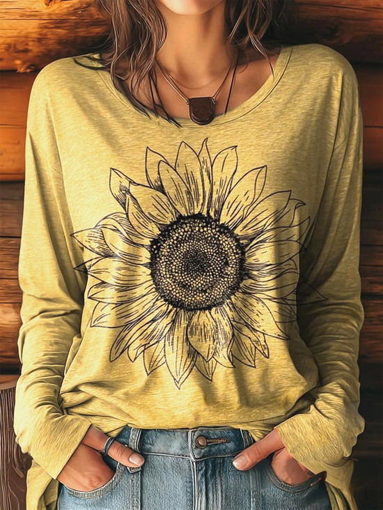 Retro Sonnenblume Rundhals Langarm T-Shirt