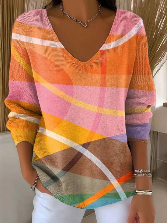 Damen Baumwolle Geometrisch Langarm Bequem Lässig Pullover