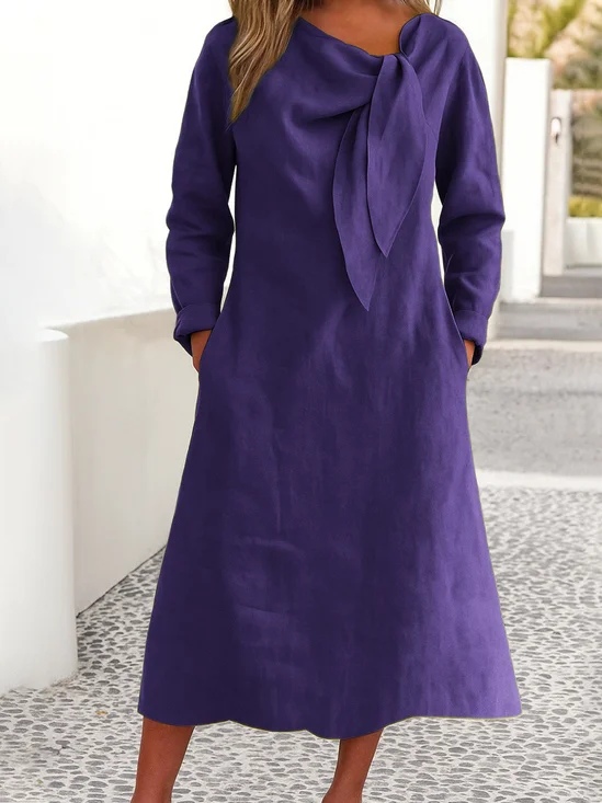 Damen Unifarben Frühling/Herbst Kleid V-Ausschnitt Langarm A-Linien-Kleid