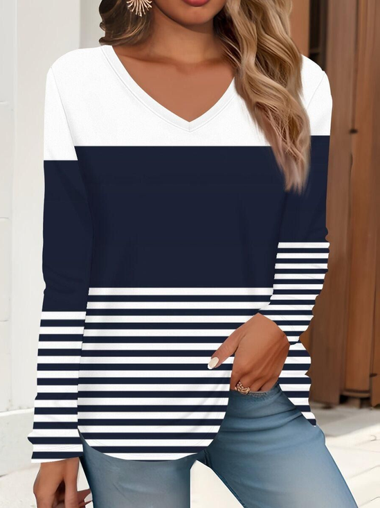 Lässig Gestreift V-Ausschnitt Langarm T-Shirt