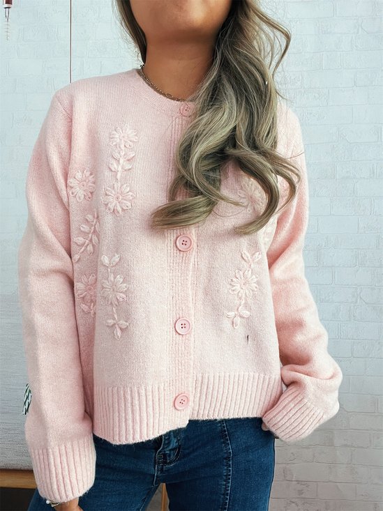 Damen Baumwolle Unifarben Langarm Bequem Lässig Strickjacke