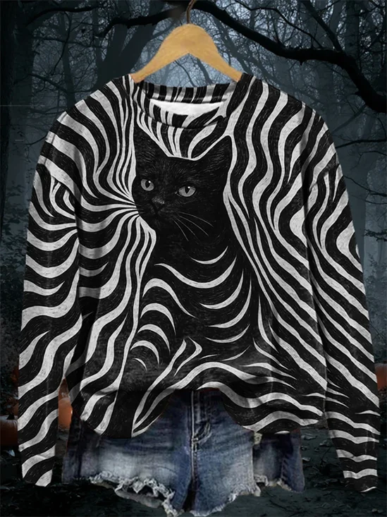 Retro Rundhals Katze Sweatshirt