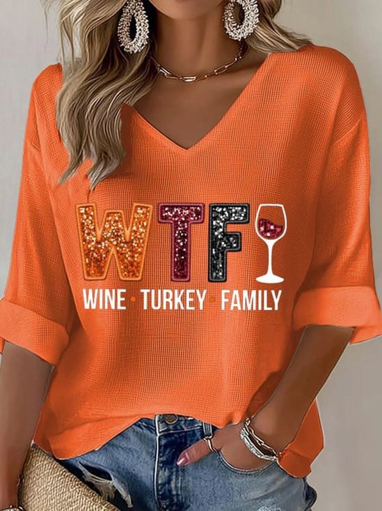 Lässig Weihnachten Wein Glas V-Ausschnitt Dreiviertelärmel T-Shirt