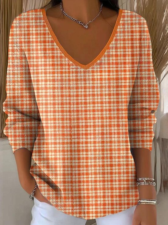 Damen Baumwolle Kariert Langarm Bequem Lässig Pullover