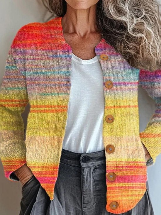 Damen Gestrickt Farbverlauf Langarm Bequem Retro Strickjacke