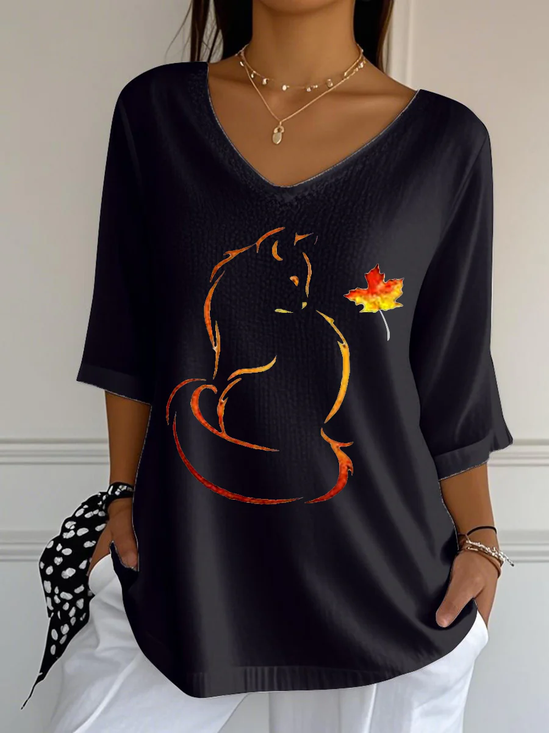 Retro Katze Rundhals Dreiviertelärmel T-Shirt