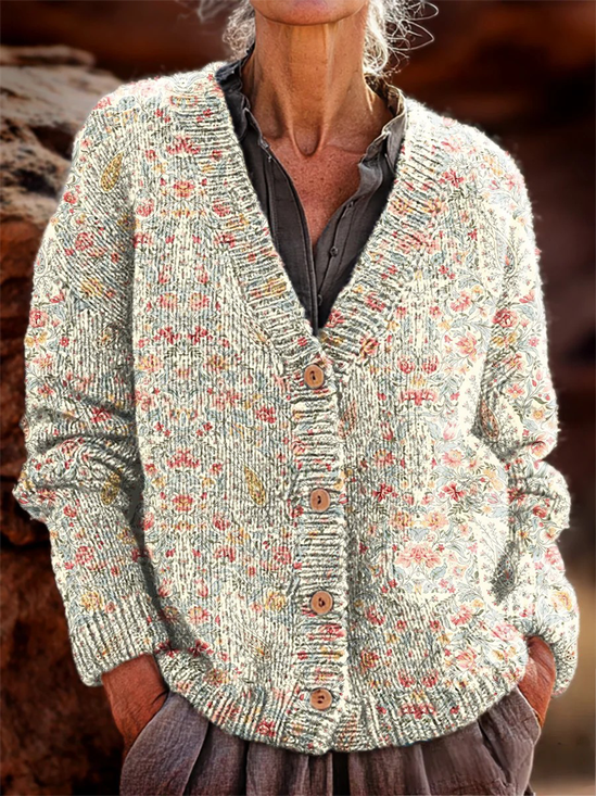 Damen Geblümt Muster Langarm Bequem Retro Strickjacke