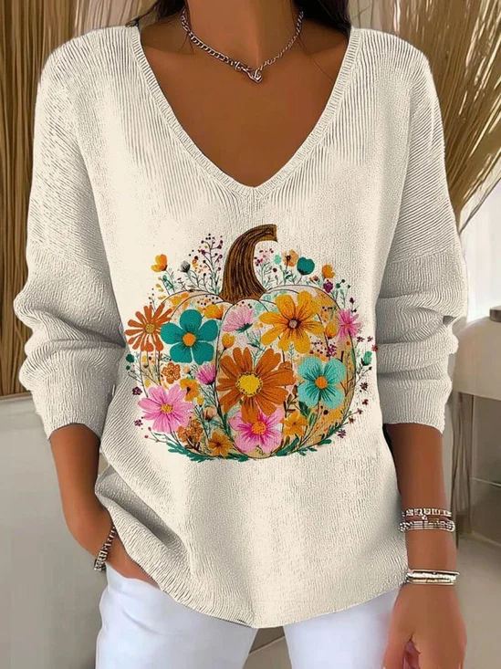 Damen Baumwolle Geblümt Langarm Bequem Lässig Pullover