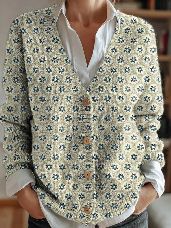 Damen Geblümt Langarm Bequem Retro Strickjacke