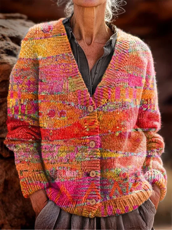 Damen Ethnisch Geometrie Langarm Bequem Retro Strickjacke