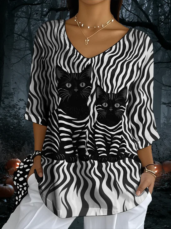 Retro Katze Rundhals Dreiviertelärmel T-Shirt