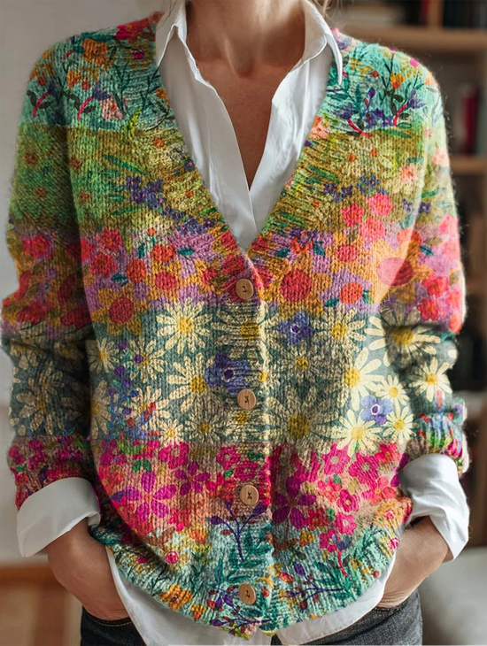 Damen Geometrisch Langarm Bequem Retro Strickjacke