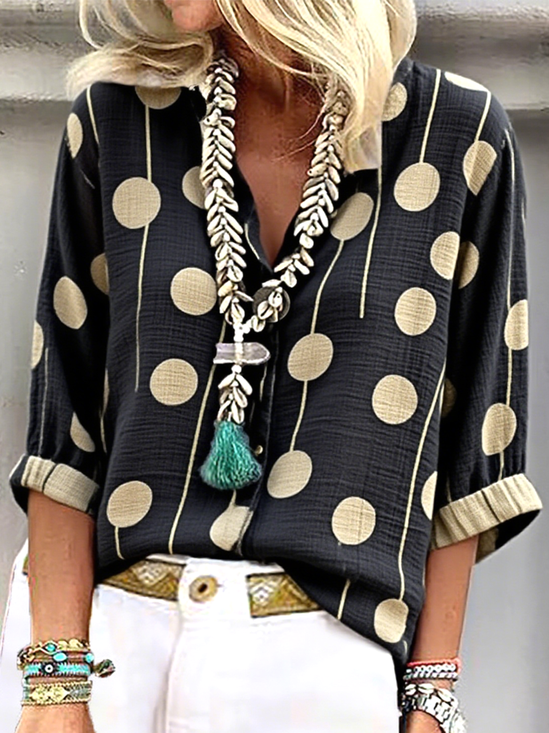 Hemdkragen Langarm Gestreift Regelmäßig Weit Bluse für Damen