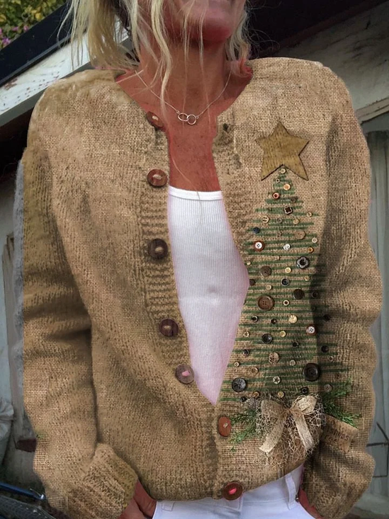 Damen Wolle/Stricken Geblümt Langarm Bequem Lässig Strickjacke