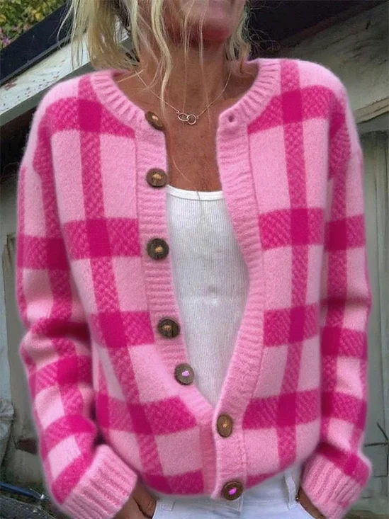 Damen Kariert Langarm Bequem Lässig Print Strickjacke
