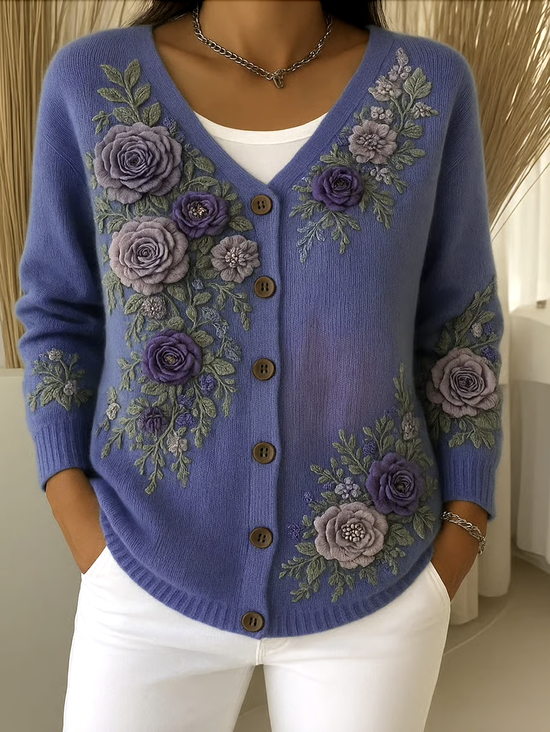 Damen Baumwolle Geblümt Langarm Bequem Lässig Strickjacke
