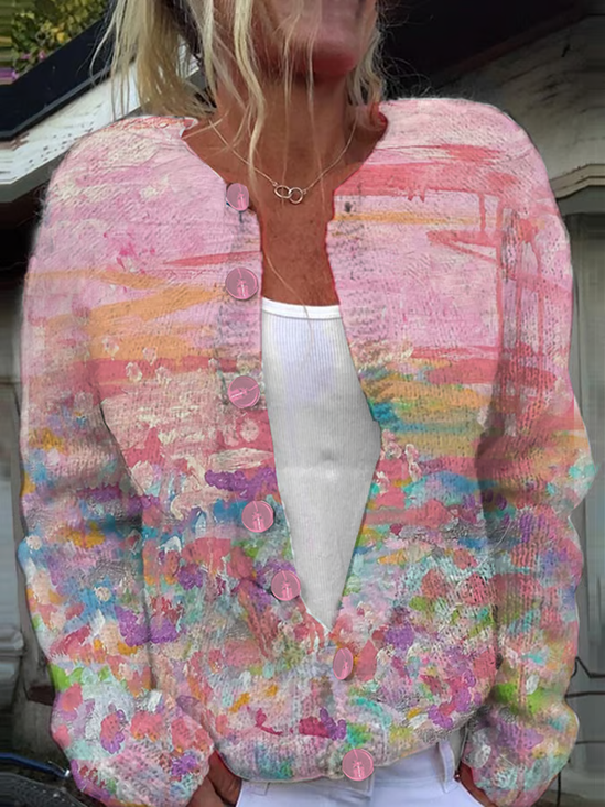 Damen Abstrakt Langarm Bequem Lässig Print Strickjacke