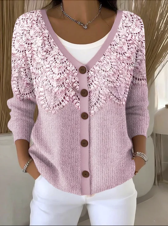 Damen Baumwolle Geblümt Langarm Bequem Lässig Strickjacke