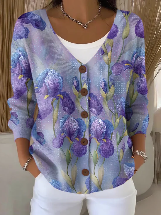 Damen Baumwolle Geblümt Langarm Bequem Lässig Strickjacke