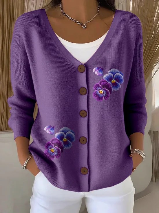 Damen Baumwolle Geblümt Langarm Bequem Lässig Strickjacke