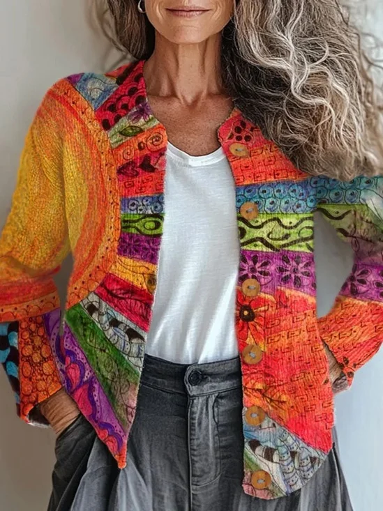 Damen Gestrickt Geometrisch Langarm Bequem Retro Strickjacke