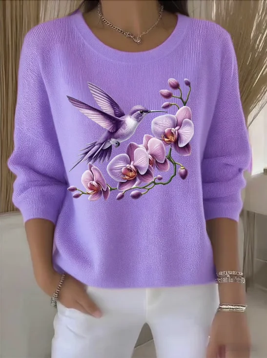 Damen Baumwolle Geblümt Langarm Bequem Retro Pullover