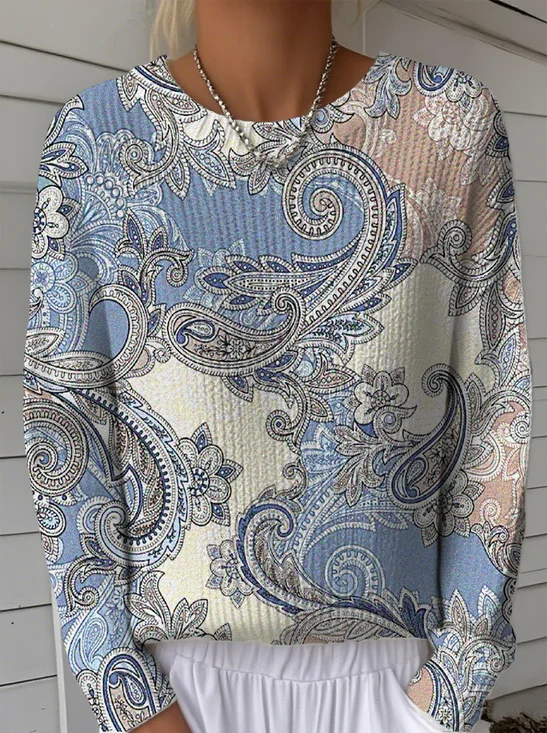 Damen Paisley Langarm Bequem Retro Pullover