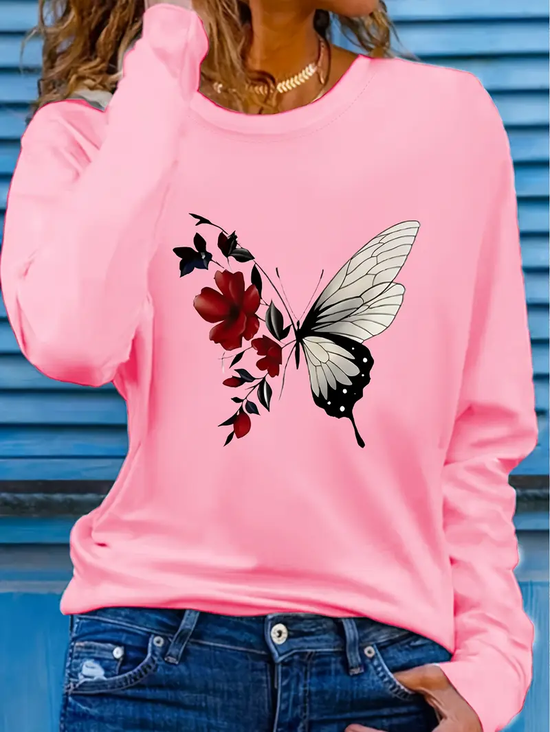 Lässig Geblümt Rundhals Langarm T-Shirt