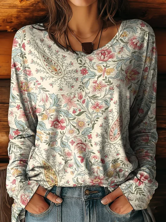 Lässig Geblümt Rundhals Langarm T-Shirt