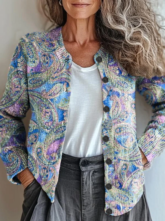 Damen Geblümt Langarm Bequem Retro Print Strickjacke