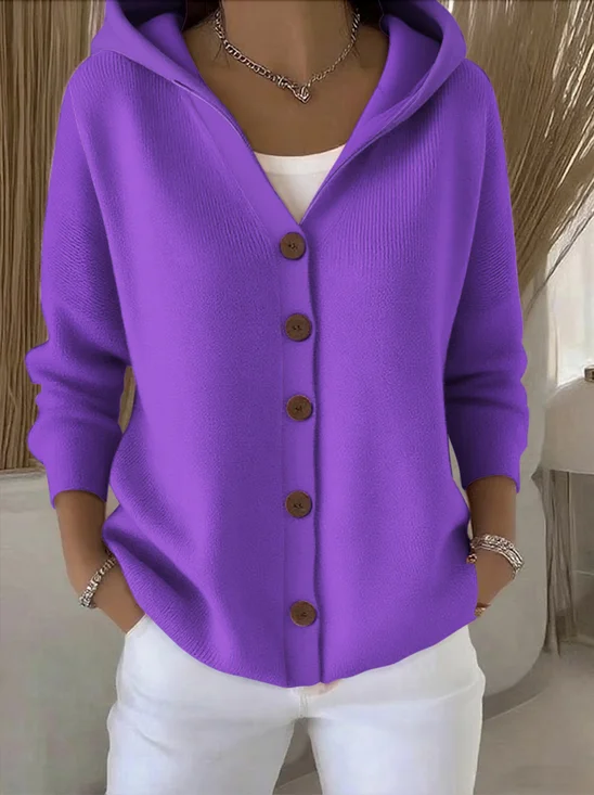 Damen Baumwolle Unifarben Langarm Bequem Lässig Strickjacke
