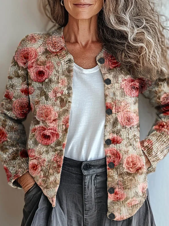 Damen Geblümt Langarm Bequem Retro Print Strickjacke