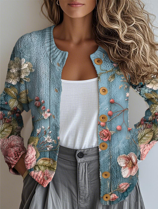 Damen Gestrickt Geometrisch Langarm Bequem Retro Strickjacke