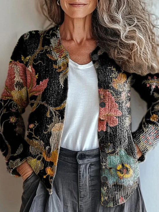 Damen Geblümt Langarm Bequem Retro Print Strickjacke