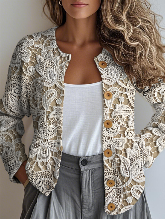 Damen Gestrickt Geblümt Langarm Bequem Retro Strickjacke