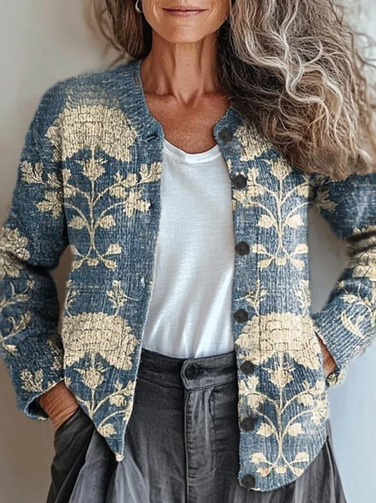 Damen Geblümt Langarm Bequem Retro Print Strickjacke