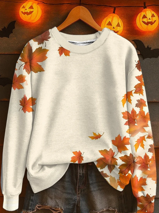 Lässig Rundhals Ahornblatt Sweatshirt Print