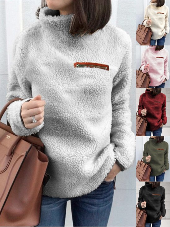 Damen Baumwolle Unifarben Langarm Bequem Lässig Nahtverarbeitung Pullover