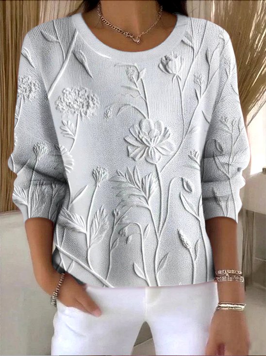 Damen Baumwolle Geblümt Langarm Bequem Retro Pullover