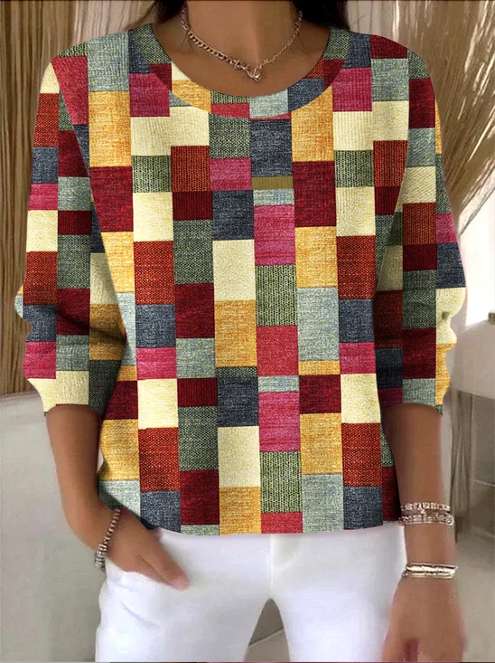 Damen Baumwolle Geometrisch Langarm Bequem Retro Pullover