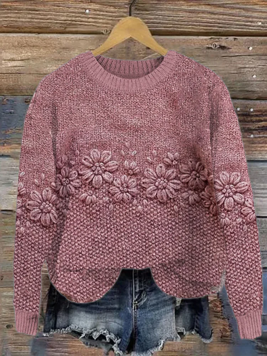 Damen Gestrickt Geblümt Langarm Bequem Lässig Print Pullover