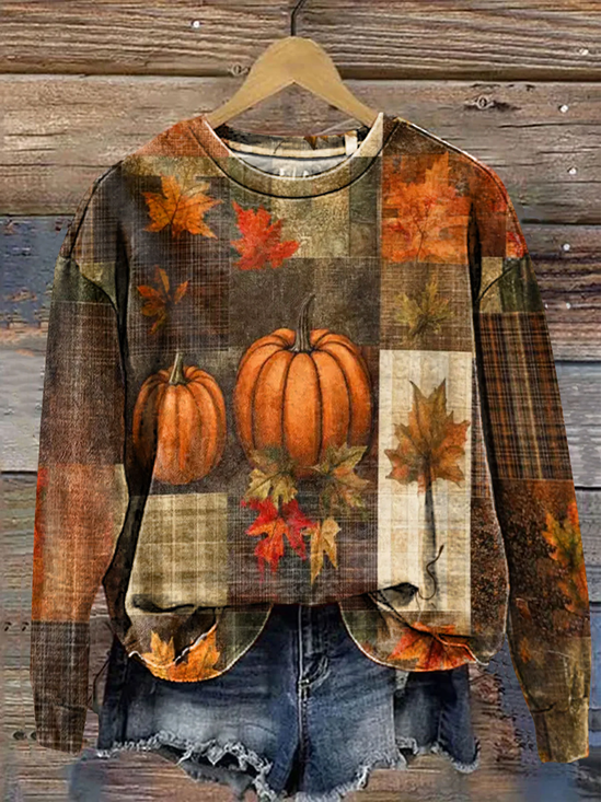 Lässig Rundhals Ahornblatt Sweatshirt Print
