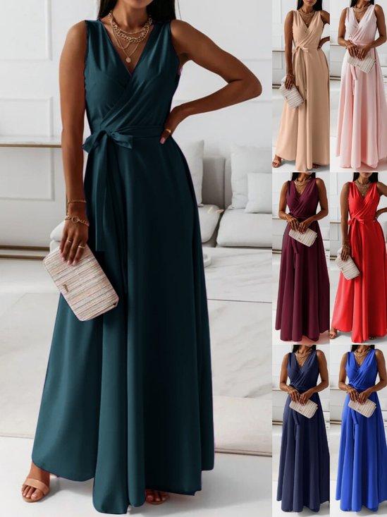 Damen Unifarben Sommer Nahtverarbeitung Kleid V-Ausschnitt Ärmellos Tanktop A-Linien-Kleid