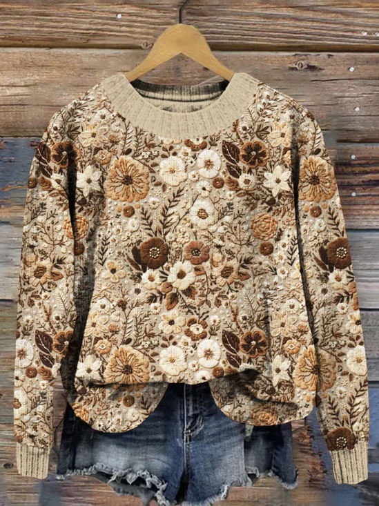 Damen Gestrickt Geblümt Langarm Bequem Lässig Print Pullover