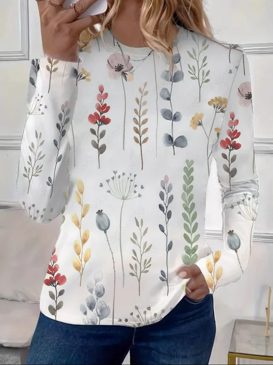 Lässig Geblümt Rundhals Langarm T-Shirt