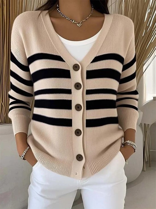 Damen Gestreift Langarm Bequem Retro Strickjacke