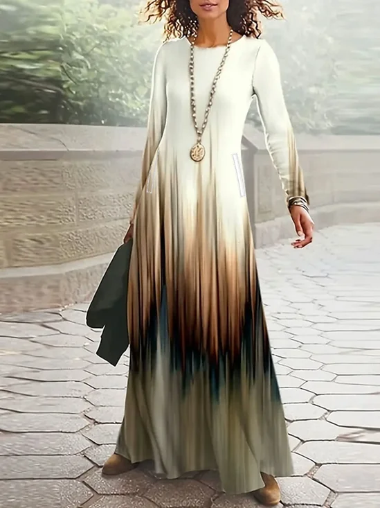 Damen Gestreift Frühling/Herbst Kleid Rundhals Langarm A-Linien-Kleid